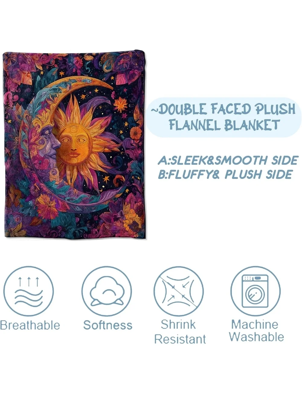 Bohemian Sun & Moon Throw Blanket - Vibrant‎ Purple Multi 60x50